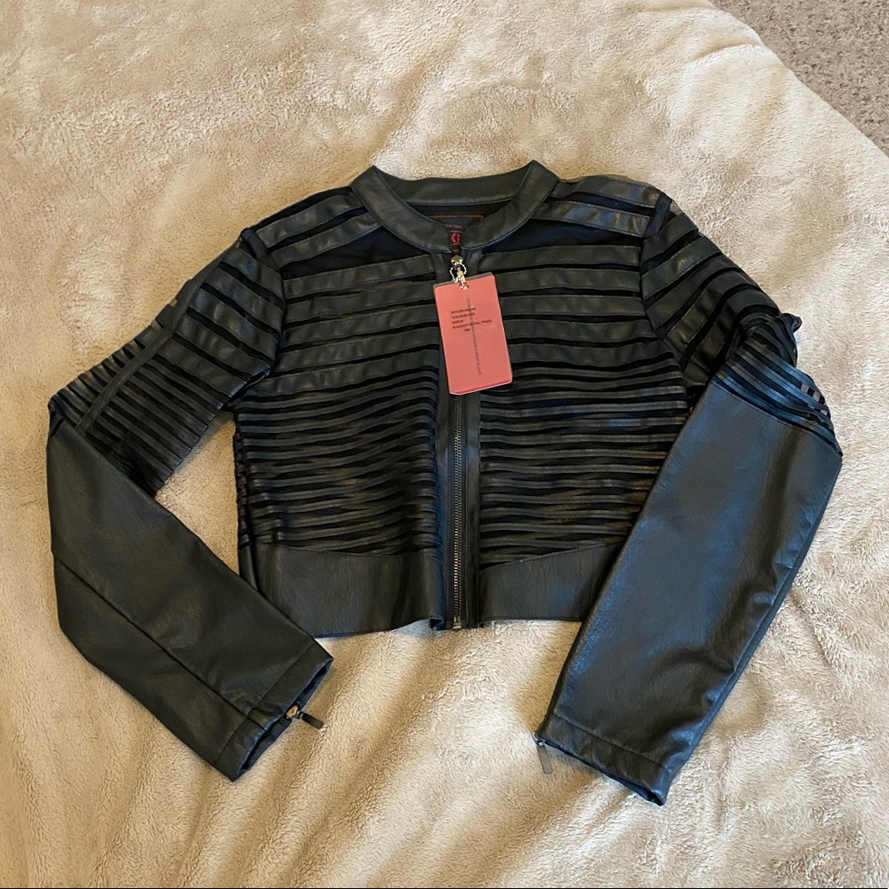 Leather jacket with mesh cutouts